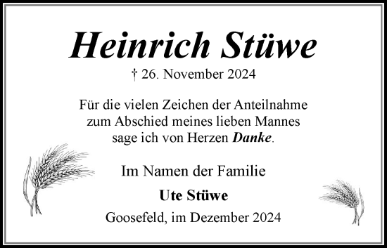 Traueranzeige von Heinrich Stüwe von Eckernförder Zeitung, Hallo Eckernförde