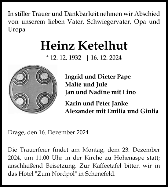 Traueranzeige von Heinz Ketelhut von Norddeutsche Rundschau, Wilstersche Zeitung, Glückstädter Fortuna