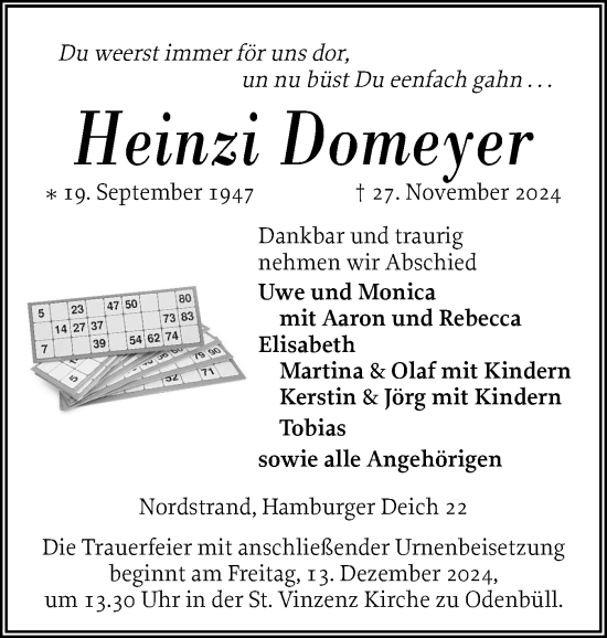 Traueranzeige von Heinzi Domeyer von Husumer Nachrichten, Nordfriesland Tageblatt