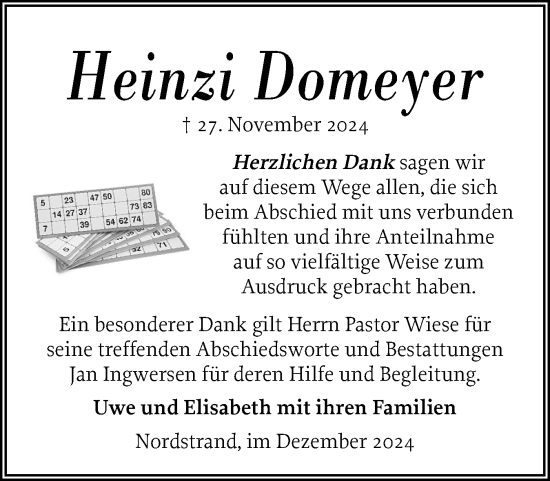 Traueranzeige von Heinzi Domeyer von Husumer Nachrichten, Nordfriesland Tageblatt