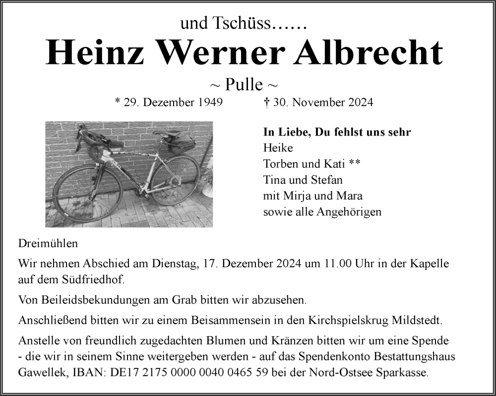  Traueranzeige für Heinz Werner Albrecht vom 07.12.2024 aus Husumer Nachrichten, Nordfriesland Tageblatt