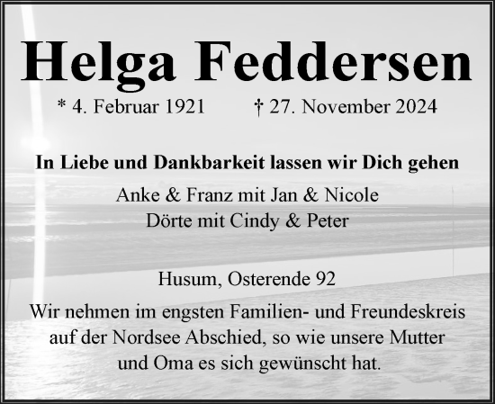 Traueranzeige von Helga Feddersen von Husumer Nachrichten, Nordfriesland Tageblatt