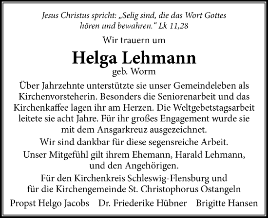 Traueranzeige von Helga Lehmann von Schleswiger Nachrichten, Schlei-Bote