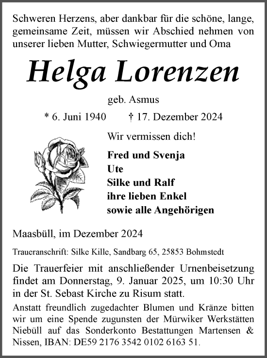 Traueranzeige von Helga Lorenzen von Husumer Nachrichten, Nordfriesland Tageblatt