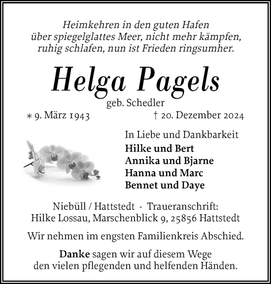 Traueranzeige von Helga Pagels von Husumer Nachrichten, Nordfriesland Tageblatt