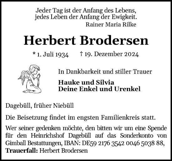 Traueranzeige von Herbert Brodersen von Husumer Nachrichten, Nordfriesland Tageblatt