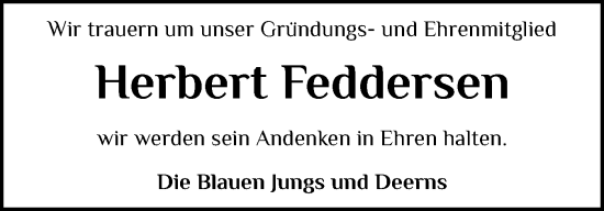 Traueranzeige von Herbert Feddersen von Husumer Nachrichten, Nordfriesland Tageblatt