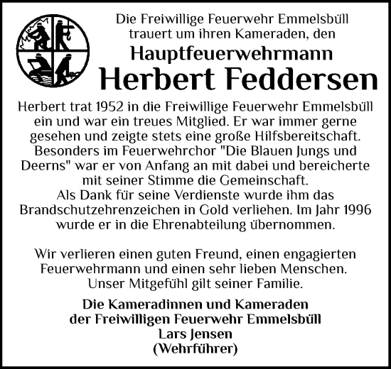 Traueranzeige von Herbert Feddersen von Husumer Nachrichten, Nordfriesland Tageblatt