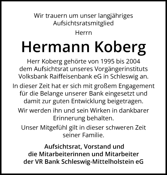 Traueranzeige von Hermann Koberg von Schleswiger Nachrichten, Schlei-Bote