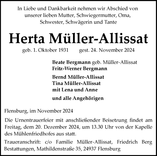 Traueranzeige von Herta Müller-Allissat von Flensburger Tageblatt