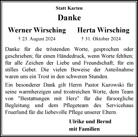 Traueranzeige von Herta Wirsching von Flensburger Tageblatt