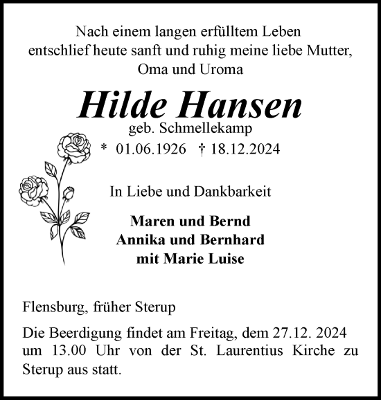 Traueranzeige von Hilde Hansen von Flensburger Tageblatt