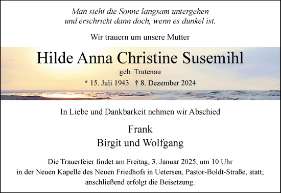 Traueranzeige von Hilde Anna Christine Susemihl von Uetersener Nachrichten, Der tip am Wochenende