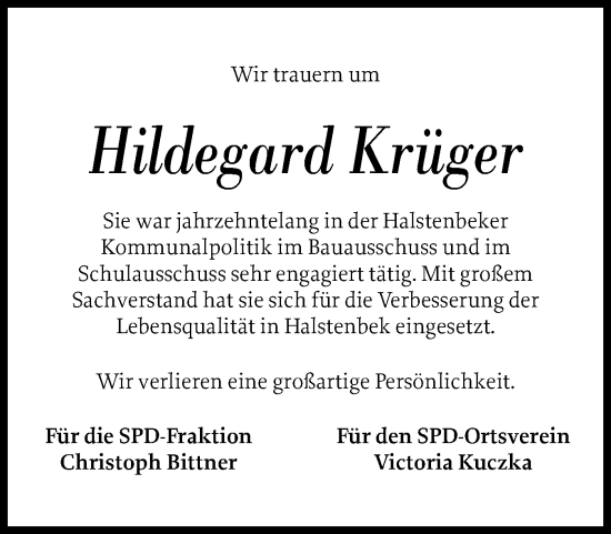 Traueranzeige von Hildegard Krüger von Region Pinneberg und tip Pinneberg