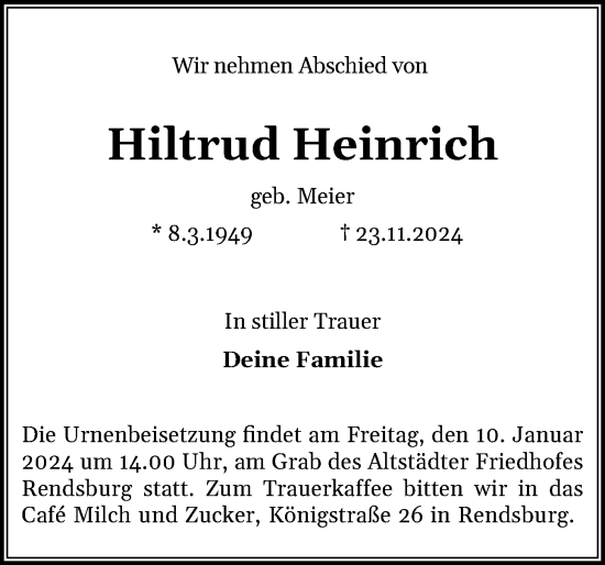 Traueranzeige von Hiltrud Heinrich von Schleswig-Holsteinische Landeszeitung