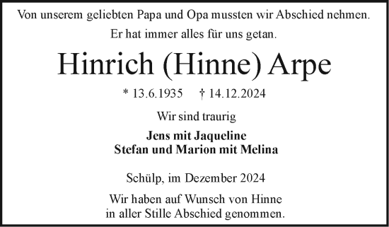 Traueranzeige von Hinrich Arpe von Schleswig-Holsteinische Landeszeitung