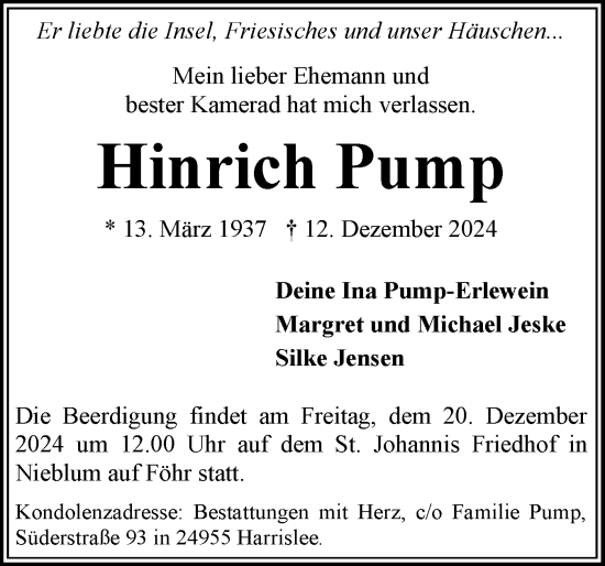 Traueranzeige von Hinrich Pump von Der Insel-Bote