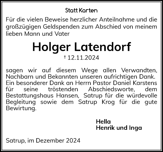 Traueranzeige von Holger Latendorf von Flensburger Tageblatt