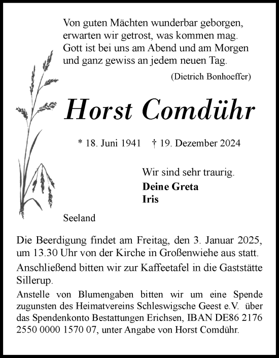 Traueranzeige von Horst Comdühr von Flensburger Tageblatt