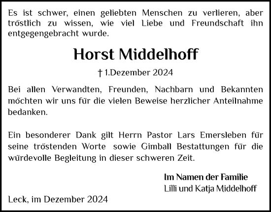 Traueranzeige von Horst Middelhoff von Husumer Nachrichten, Nordfriesland Tageblatt