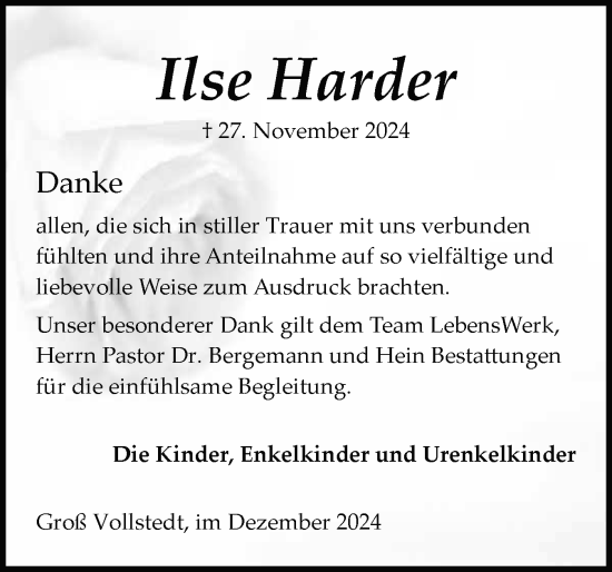 Traueranzeige von Ilse Harder von Schleswig-Holsteinische Landeszeitung