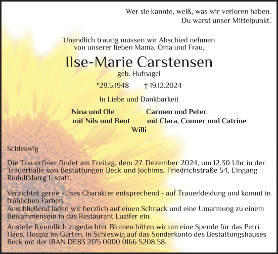 Traueranzeige von Ilse-Marie Carstensen von Schleswiger Nachrichten, Schlei-Bote