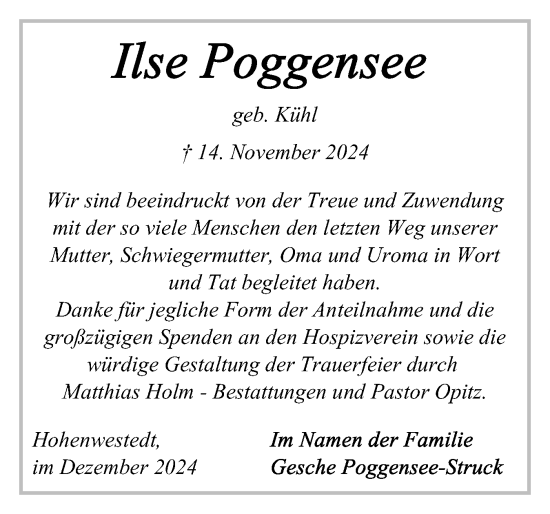 Traueranzeige von Ilse Poggensee von Schleswig-Holsteinische Landeszeitung