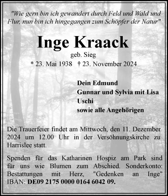 Traueranzeige von Inge Kraack von Flensburger Tageblatt