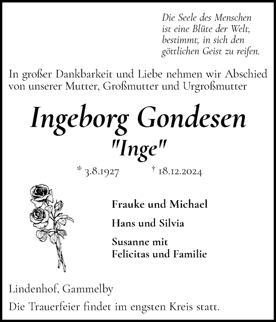 Traueranzeige von Ingeborg Gondesen von Flensburger Tageblatt