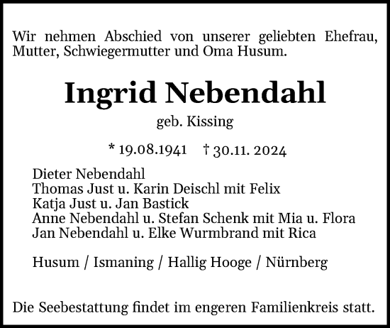 Traueranzeige von Ingrid Nebendahl von Region Westküste