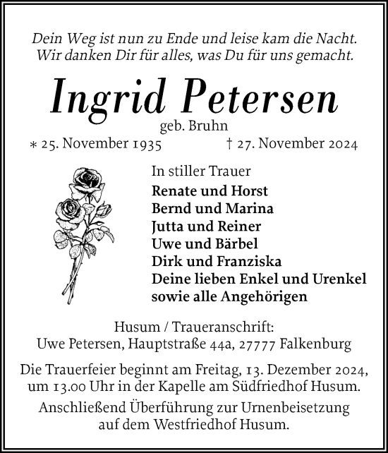 Traueranzeige von Ingrid Petersen von Husumer Nachrichten, Nordfriesland Tageblatt