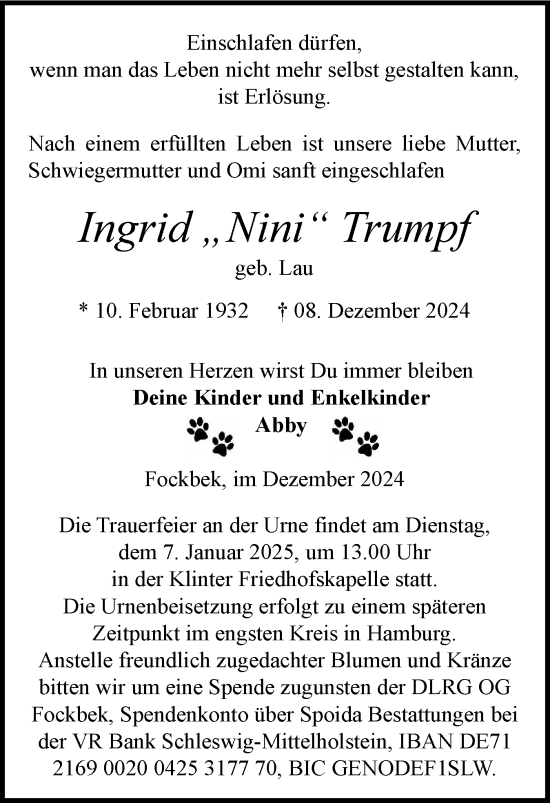 Traueranzeige von Ingrid Trumpf von Schleswig-Holsteinische Landeszeitung