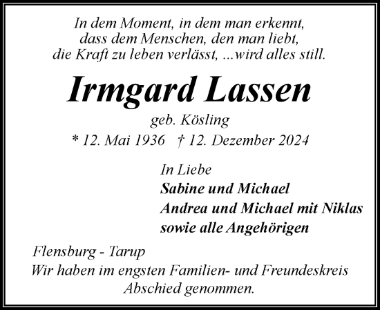 Traueranzeige von Irmgard Lassen von Flensburger Tageblatt