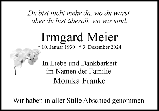 Traueranzeige von Irmgard Meier von Uetersener Nachrichten, Der tip am Wochenende