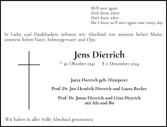 Traueranzeige von Jens Dietrich von Elmshorner Nachrichten, Barmstedter Zeitung