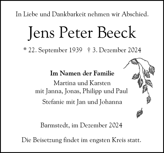 Traueranzeige von Jens Peter Beeck von Elmshorner Nachrichten, Barmstedter Zeitung