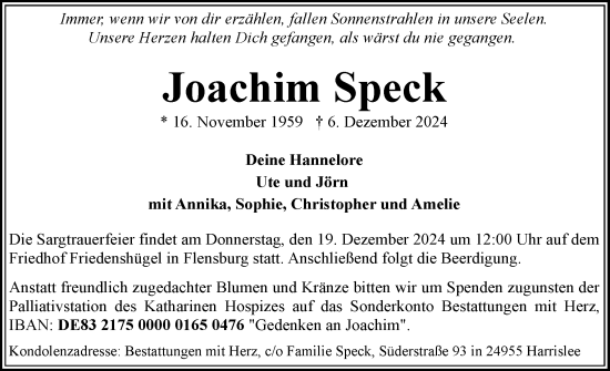 Traueranzeige von Joachim Speck von Flensburger Tageblatt