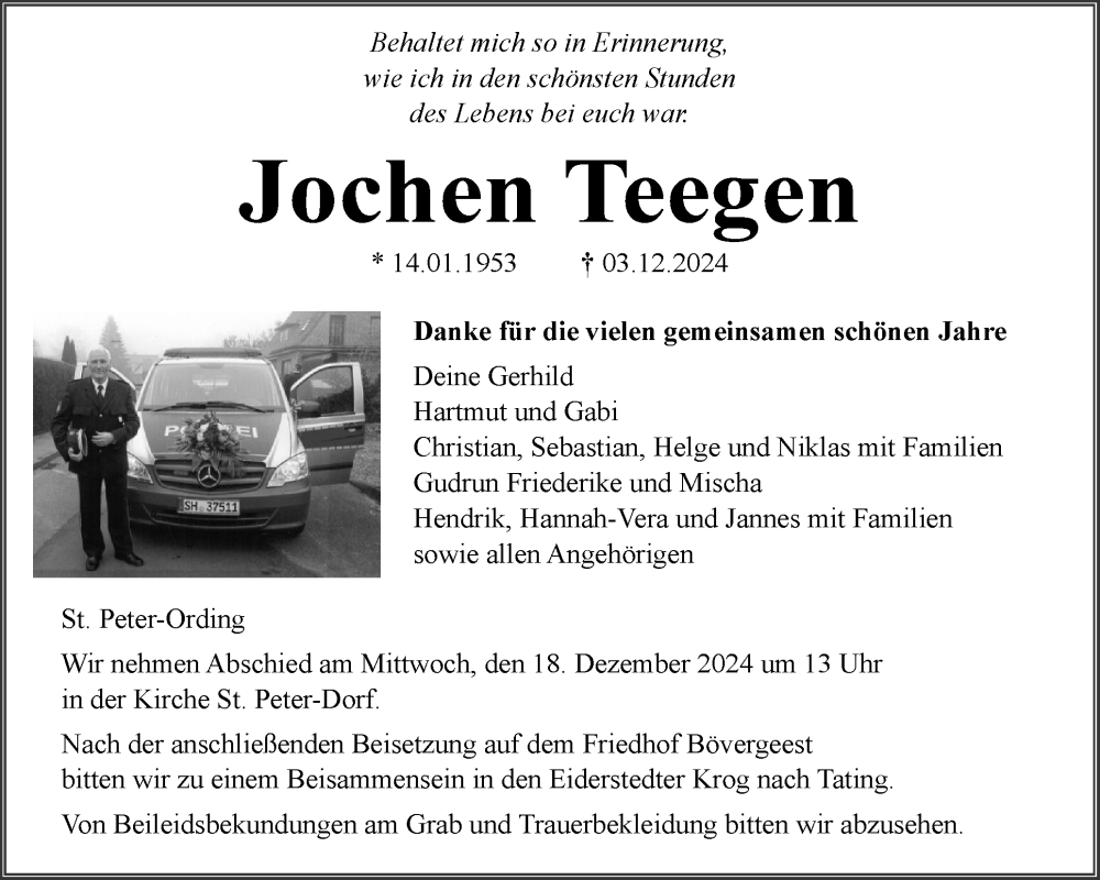  Traueranzeige für Jochen Teegen vom 11.12.2024 aus Husumer Nachrichten, Nordfriesland Tageblatt