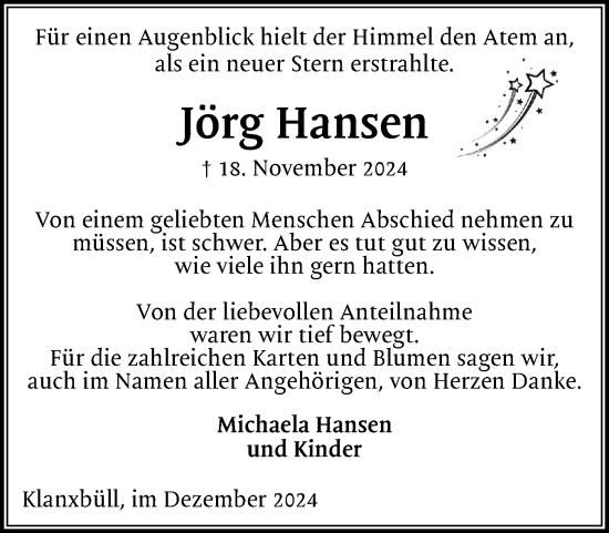 Traueranzeige von Jörg Hansen von Husumer Nachrichten, Nordfriesland Tageblatt