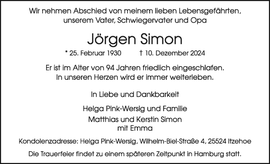 Traueranzeige von Jörgen Simon von Norddeutsche Rundschau, Wilstersche Zeitung, Glückstädter Fortuna