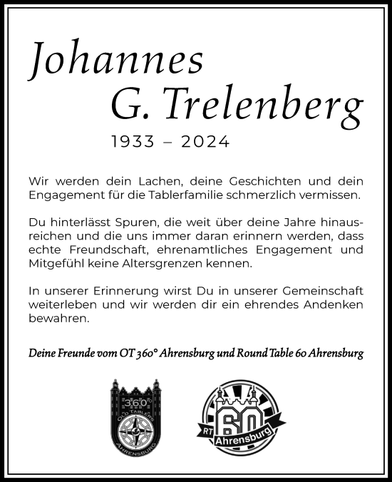 Traueranzeige von Johannes G. Trelenberg von Stormaner Tageblatt