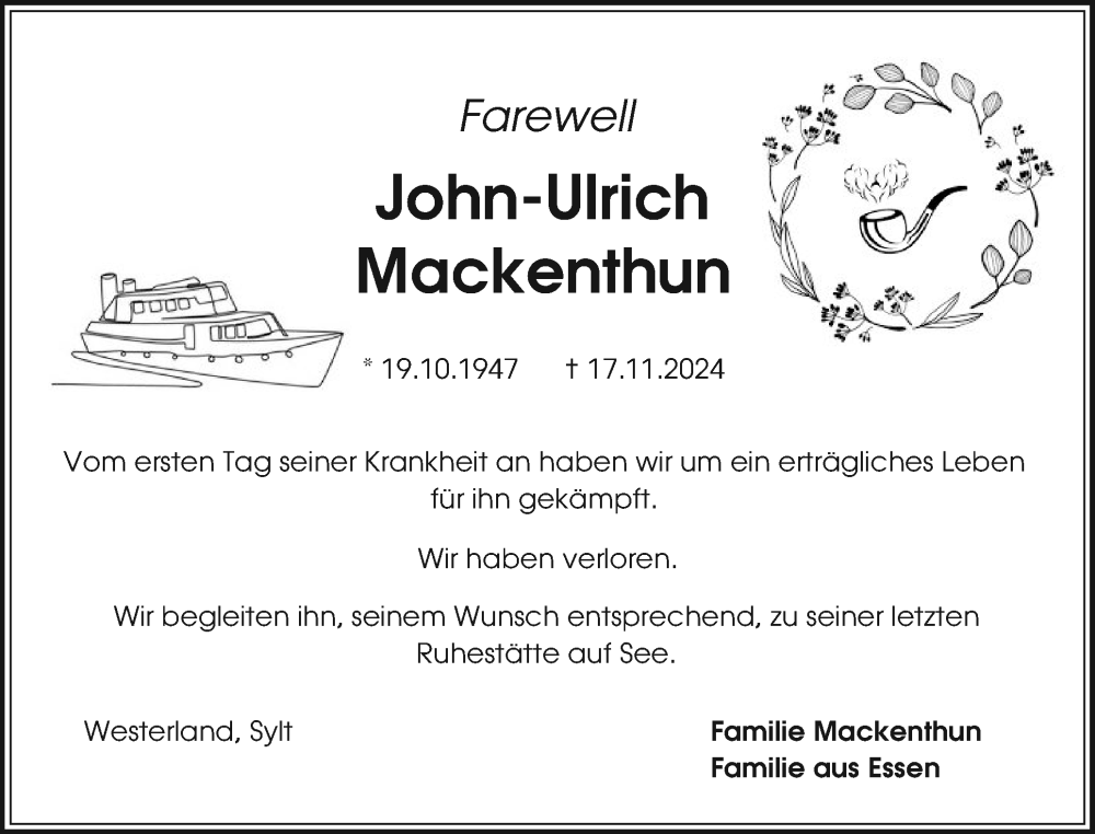  Traueranzeige für John-Ulrich Mackenthun vom 07.12.2024 aus Sylter Rundschau