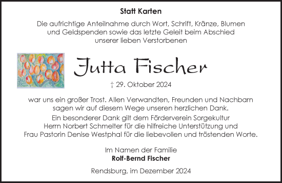 Traueranzeige von Jutta Fischer von Schleswig-Holsteinische Landeszeitung