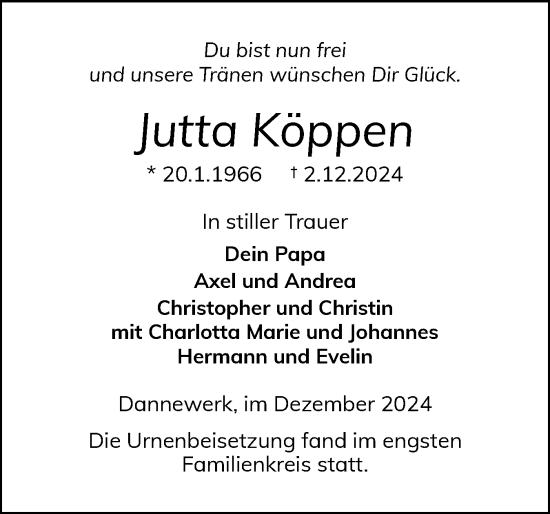 Traueranzeige von Jutta Köppen von Schleswiger Nachrichten, Schlei-Bote