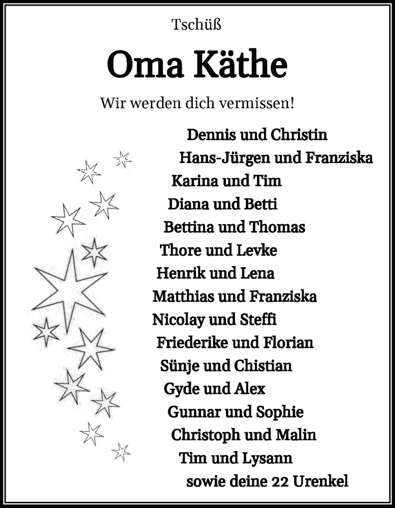  Traueranzeige für Käthe  vom 20.12.2024 aus Husumer Nachrichten, Nordfriesland Tageblatt