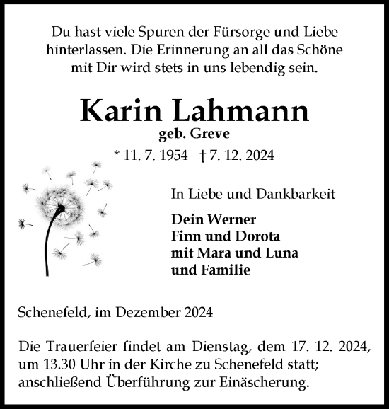 Traueranzeige von Karin Lahmann von Norddeutsche Rundschau, Wilstersche Zeitung, Glückstädter Fortuna