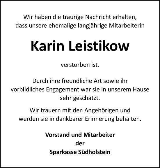 Traueranzeige von Karin Leistikow von Region Pinneberg und tip Pinneberg