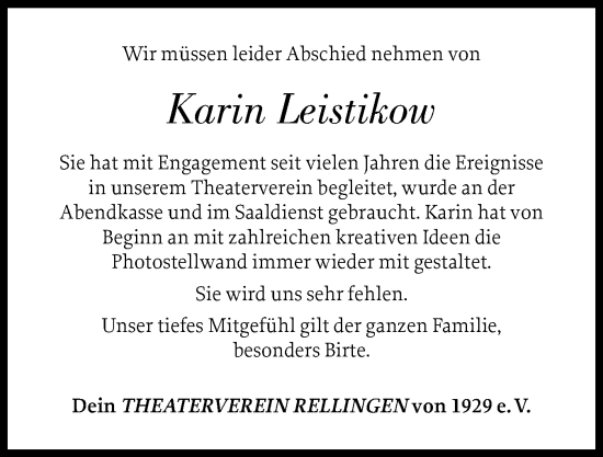 Traueranzeige von Karin Leistikow von Region Pinneberg und tip Pinneberg