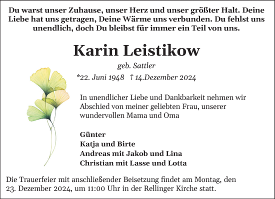 Traueranzeige von Karin Leistikow von Elmshorner Nachrichten, Barmstedter Zeitung