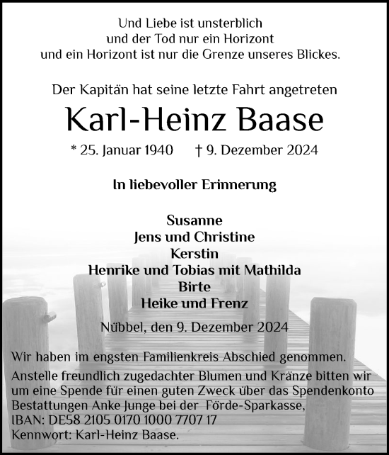 Traueranzeige von Karl-Heinz Baase von Schleswig-Holsteinische Landeszeitung